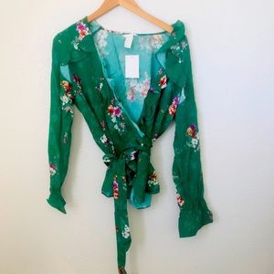 H&M 14 Floral Wrap Top Green